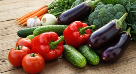 Fresh vegetables including tomatoes peppers eggplants cucumbers and broccoli on wood surface.