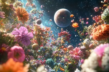 Obraz premium Blooming planet full of vibrant flowers set against a cosmic backdrop