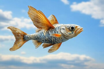 Fototapeta premium Unique depiction of a fish with wings soaring through a bright blue sky filled with clouds