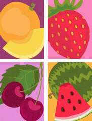 Fruit poster or banner with strawberry, cherry, melon and watermelon. Bright design for card, label, packaging, cover, advertising and signboard.