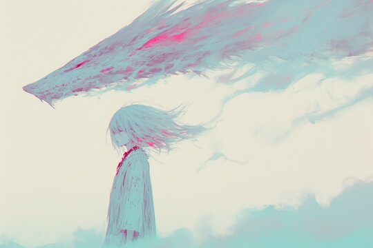 Pale girl stands before a spectral wolf, enveloped in ethereal mist.