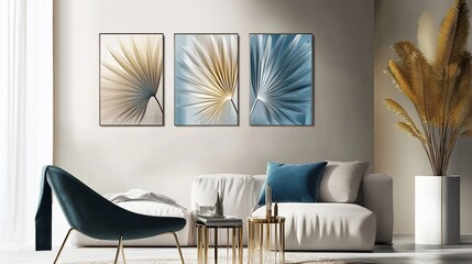 Sophisticated Living Room Interior with Tropical Leaf Artwork and Modern Design