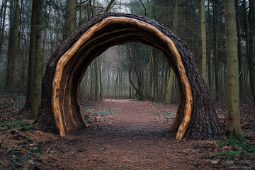 Mysterious stone gateway stands in a serene forest surrounded by tall trees on an overcast day