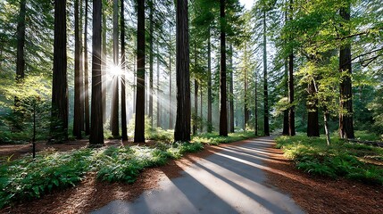 Sun Rays Filtering Through Tall Redwood Trees in Lush Forest Scene
