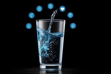 Hydration Symbol A water droplet splashing into a glass with health-related icons like a heart and energy symbol surrounding it