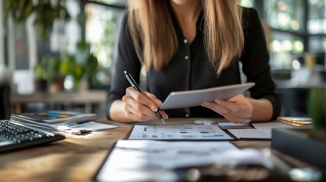 Woman Analyzing Data Using Tablet and Pen for Business Strategy