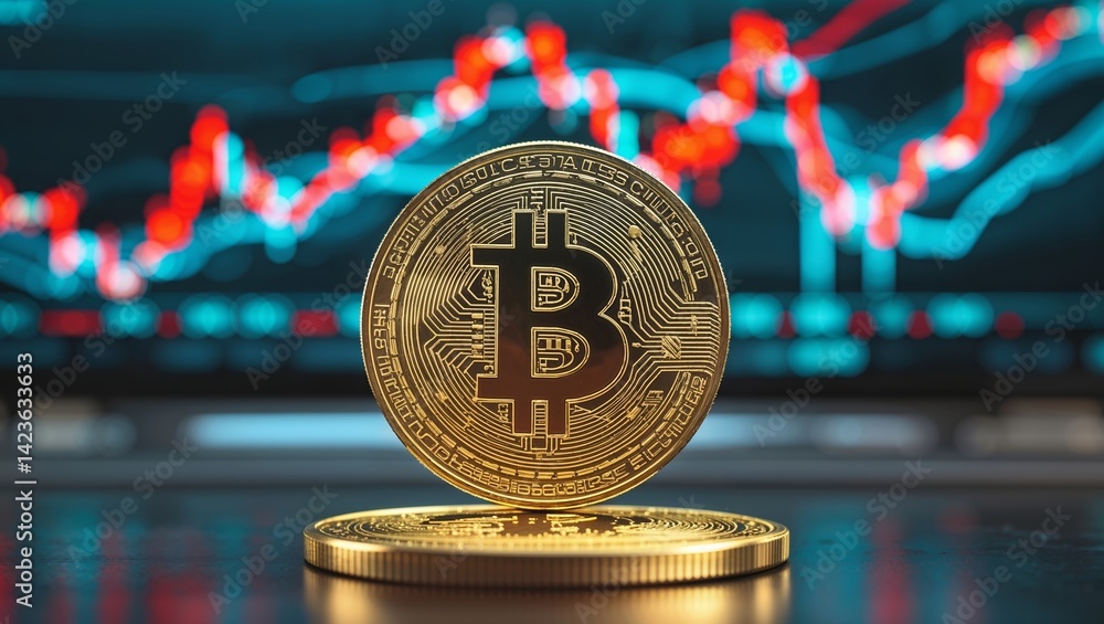 Aufkleber bitcoin coin stands prominently with a trading graph in the background representing cryptocurrency m