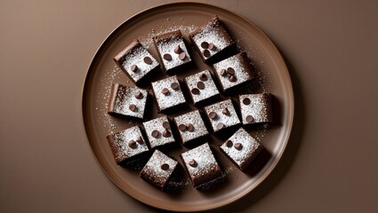 A batch of brownies on a brown plate. The batch of brownies has rim of chcolate and is topped with powdered sugar and chocolate chips