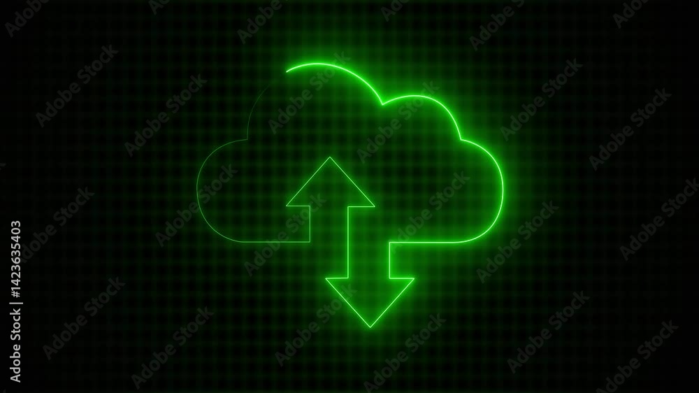 Poster abstract glowing neon cloud storage with arrows, looped animation. cloud space and technology, data 