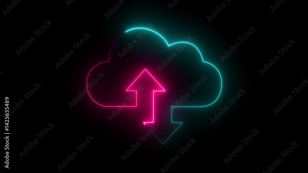 Poster abstract glowing neon cloud storage with arrows, looped animation. cloud space and technology, data 