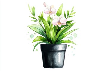 Watercolor Painting of Pink Orchid in a Pot.