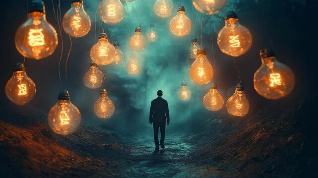 A person walks through a surreal forest illuminated by glowing light bulbs, symbolizing the journey of abandoning old ideas and embracing transformation, innovation, and the power of new perspectives.