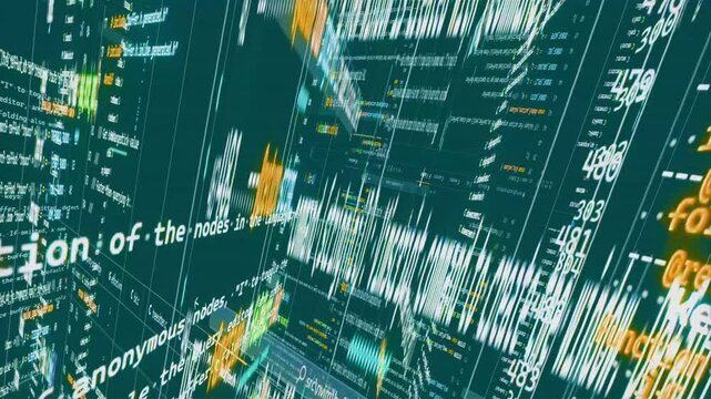 coding animation, perspective view, 3d server, scrolling through programming data matrix, rendering through gradient mainframe source code