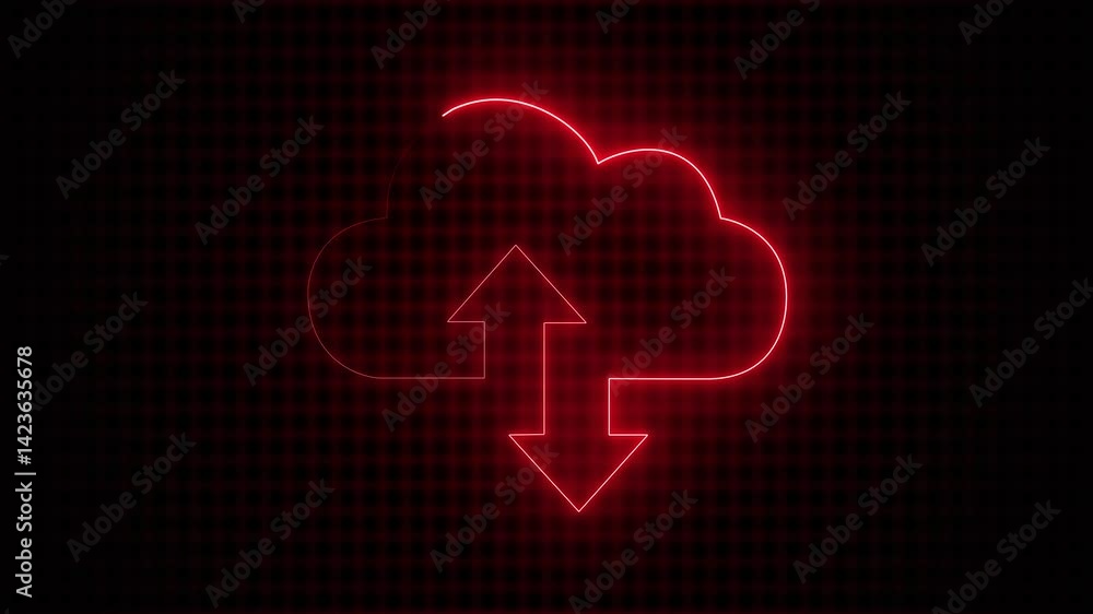 Poster abstract glowing neon cloud storage with arrows, looped animation. cloud space and technology, data 
