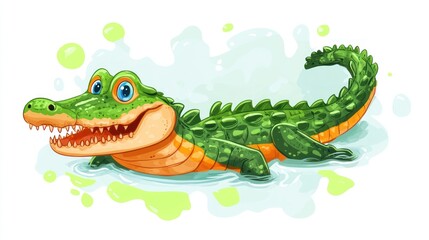 Naklejka premium Happy crocodile swimming swamp water cartoon