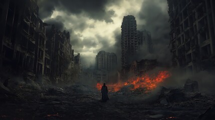 Obraz premium Bleak Landscape of Urban Devastation with a Solitary Person Facing the Destruction