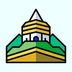 Stylized illustration of a mountain top building with a unique architectural design