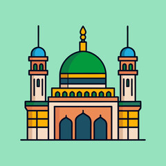 Vibrant and colorful cartoon illustration of a mosque with domes and minarets