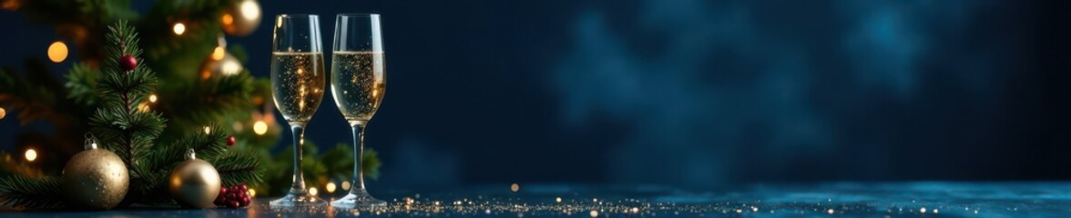 Elegant champagne flutes, Christmas tree, glitter, dark blue background , winter, dark blue, holiday