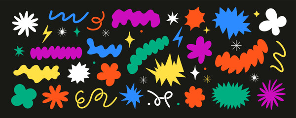Abstract elements set. Star, flower, cloud shapes sticker pack. Groovy funky flower, bubble, star, loop, waves. Trendy retro 90s 00s cartoon style. Vector illustration	