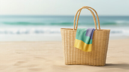 Colorful beach towel draped over woven bag, resting on golden sand near tranquil ocean waves, embodying relaxed summer leisure