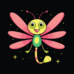 Cute cartoon dragonfly with pink wings