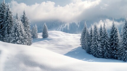 Beautiful snow-covered hills with pine trees in winter landscape