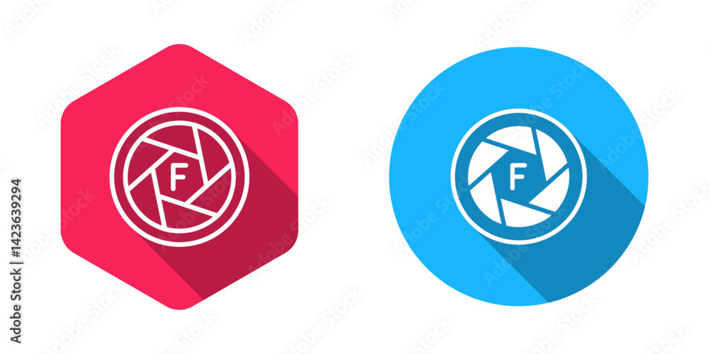 Poster filled and outline camera shutter icon isolated with long shadow background. vector