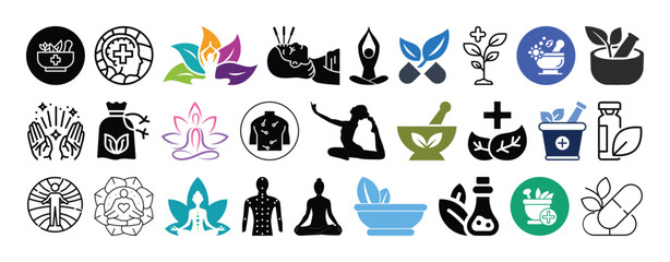 Set of Alternative Medicine, Holistic Healing, Yoga, Acupuncture, Organic Medicine and Herbal Remedies icon set collection vector design.