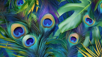 Vibrant peacock feathers and tropical leaves create a lush, exotic backdrop.