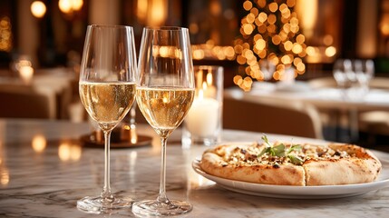 drizzle on a four-cheese pizza with gooey fontina, gorgonzola, parmesan and mozzarella, crispy thin crust, microgreens garnish, marble countertop