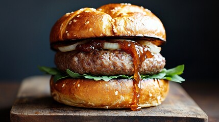 Burger with onion jam dripping down the sides, mixing with meat juices, pretzel bun soaking up the grease, rustic wooden board