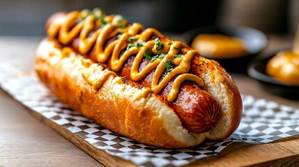 BBQ bacon-wrapped hot dog with mustard lattice pattern, served on checkered paper