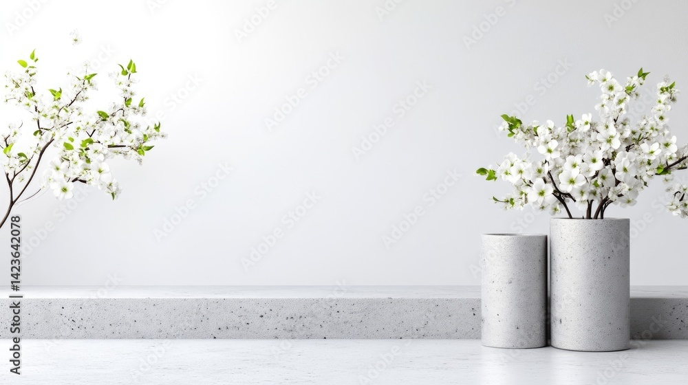 Poster minimalist spring display with blossoming branches in grey pots on a light marble platform