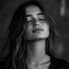 Serene woman with closed eyes enjoying a moment of peace in a softly lit room