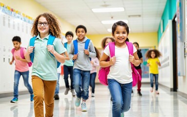 Joyful and energetic moment of a diverse group of elementary school children running with smiles down a bright school hallway - expressing happiness, energy, friendship, and the vibrancy of school lif