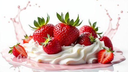 Ripe Strawberries With Cream Splash