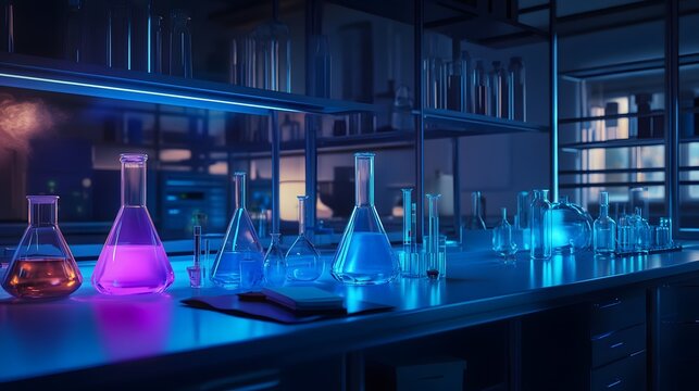 School science lab with glowing experiments and glassware