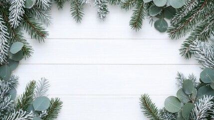 Winter or Christmas-themed banner with a border of green fir tree twigs, frosted greenery, and eucalyptus leaves on a white wooden board