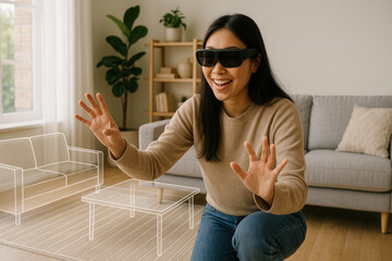 Asian woman in living room using MR glasses, arranging virtual furniture overlays
