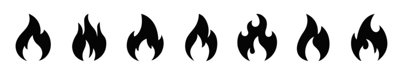 Set of flame icons. Perfect for UI design, warning signs, heating, fire safety, and energy concepts. Includes various flame shapes. fire, flame, icon, flammable, burn, vector, warning, ignite, hazard.