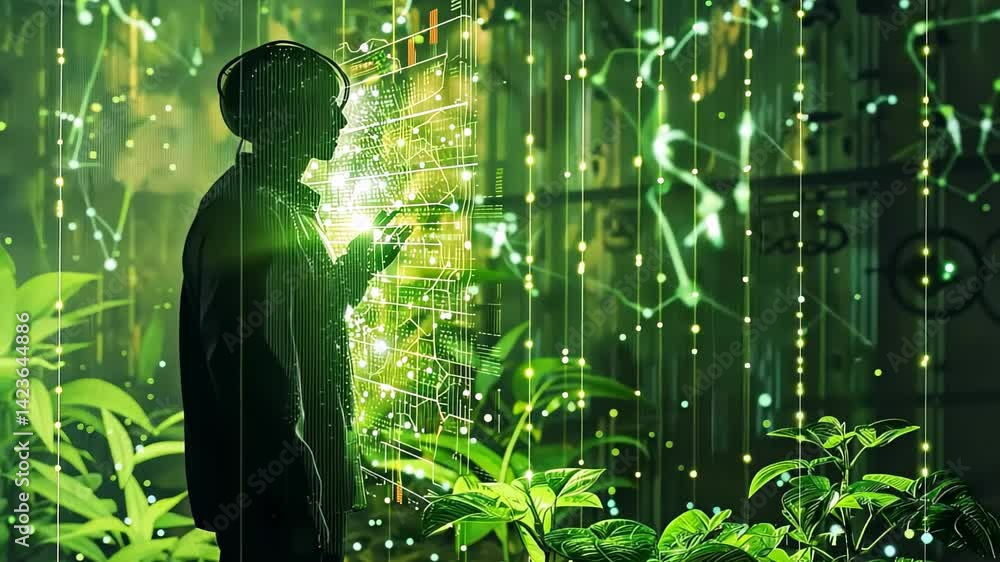 Poster exploring the digital nature connection in an immersive green environment at sunset generative ai