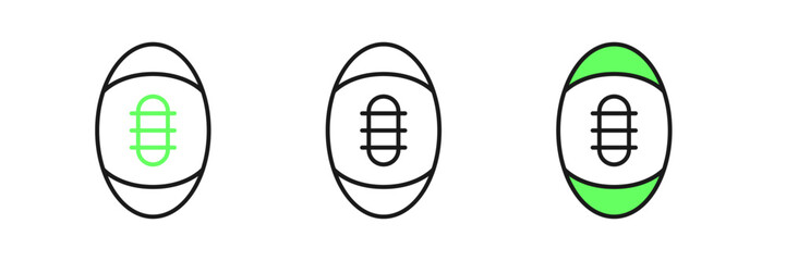 Set line American Football ball icon isolated on white background. Rugby ball icon. Team sport game symbol. Vector