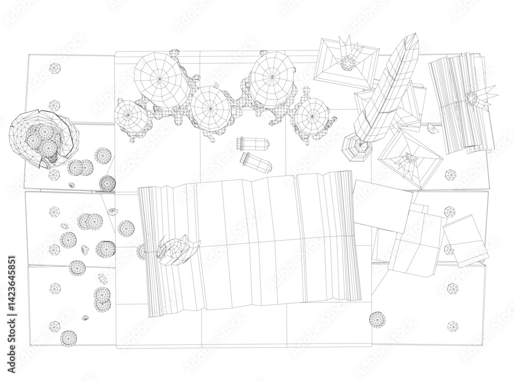 Poster a table with a few items on it. the drawing is in black and white. top view