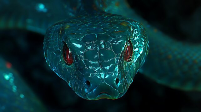 Close-up of Green Snake with Red Eyes in Dark Environment