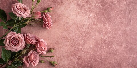 Dusty Rose Background with Vintage Pink Roses – Romantic Floral Flat Lay