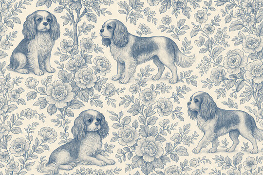 vintage toile pattern of cavalier king charles spaniel dogs with floral roses botanical seamless background illustration