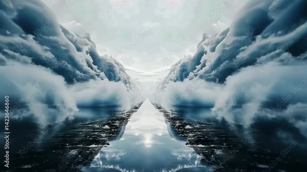Poster clouds intertwine over tranquil water, creating a mystical path at dawn in this captivating landscap