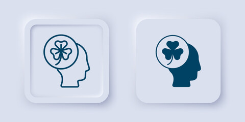 Filled and outline Human head with clover trefoil leaf icon isolated on grey background. Happy Saint Patricks day. National Irish holiday. Square button. Vector