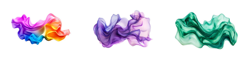 Flowing colorful fabrics in motion artistic display environment. Cut out set png